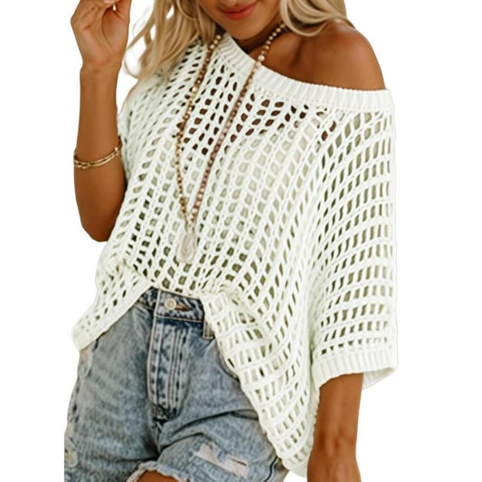 🏖️Summer Hot Sale 50% OFF🎁 Womens Summer Scoop Neck Short Sleeve Sweater Casual Crochet Hollow Out Knit Tops Pullover Shirts Beach Coverup