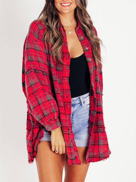 ⏰Early Autumn Sales 49% OFF🍂Women's Mineral Washed Button Down Plaid Shirt With Pockets