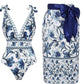 💜 LAST DAY PROMOTION - 50%OFF💜V Neck Lace Up Printed One Piece Swimsuit and Skirt
