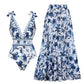 💜 LAST DAY PROMOTION - 50%OFF💜V Neck Lace Up Printed One Piece Swimsuit and Skirt