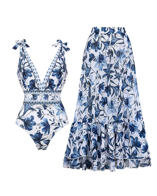 💜 LAST DAY PROMOTION - 50%OFF💜V Neck Lace Up Printed One Piece Swimsuit and Skirt